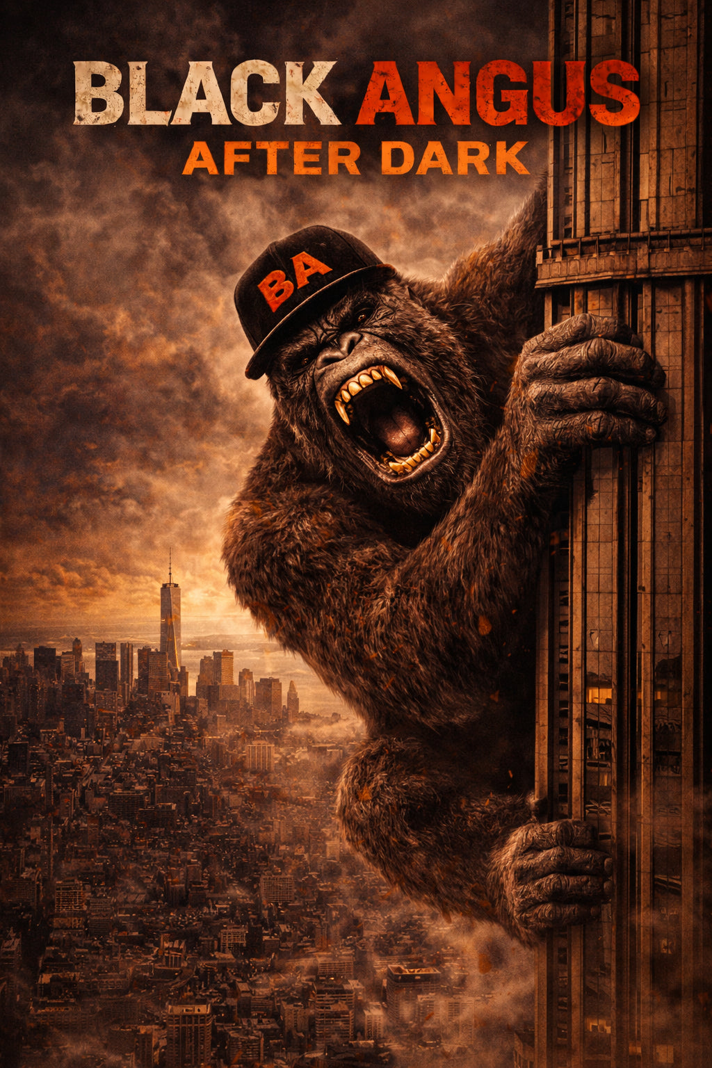 Black Angus After Dark City King artwork. Roaring gorilla wearing a red Black Angus cap climbs a glass skyscraper over a burning city at night. Fiery amber glow below. Text reads Black Angus After Dark.