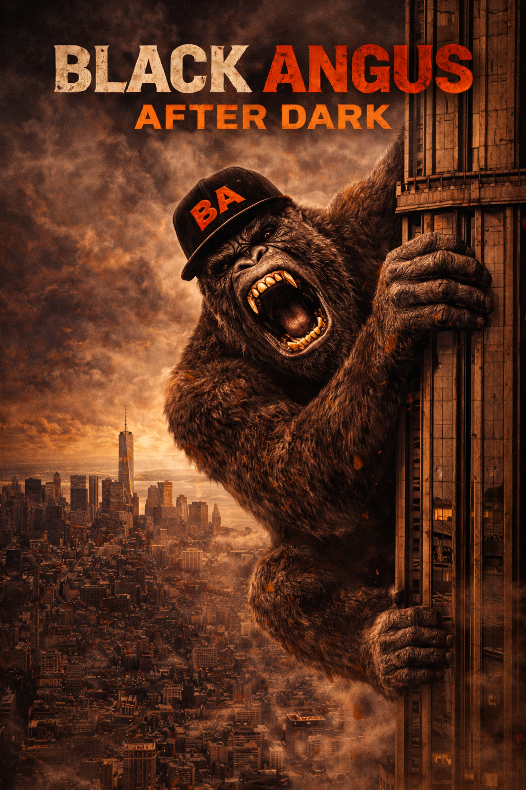 Black Angus After Dark City King artwork. Roaring gorilla wearing a red Black Angus cap climbs a glass skyscraper over a burning city at night. Fiery amber glow below. Text reads Black Angus After Dark.