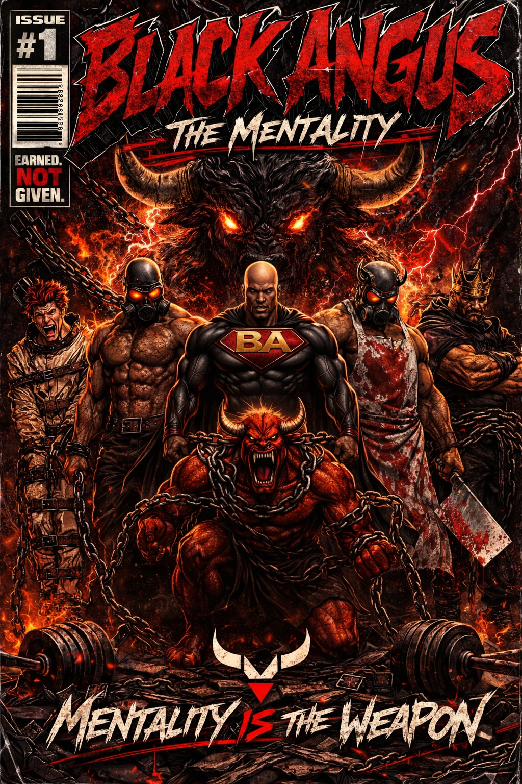 Black Angus Mentality Issue 1 character ensemble artwork. Full cast including the Butcher, Champion, Insane, King, Warrior, and Animal characters. Comic cover style in deep reds and charcoal. Text reads Mentality Is The Weapon.