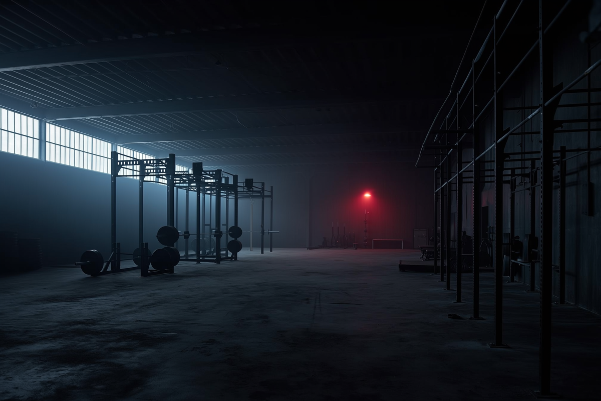 Empty industrial gym at dawn. Dark moody atmospheric.