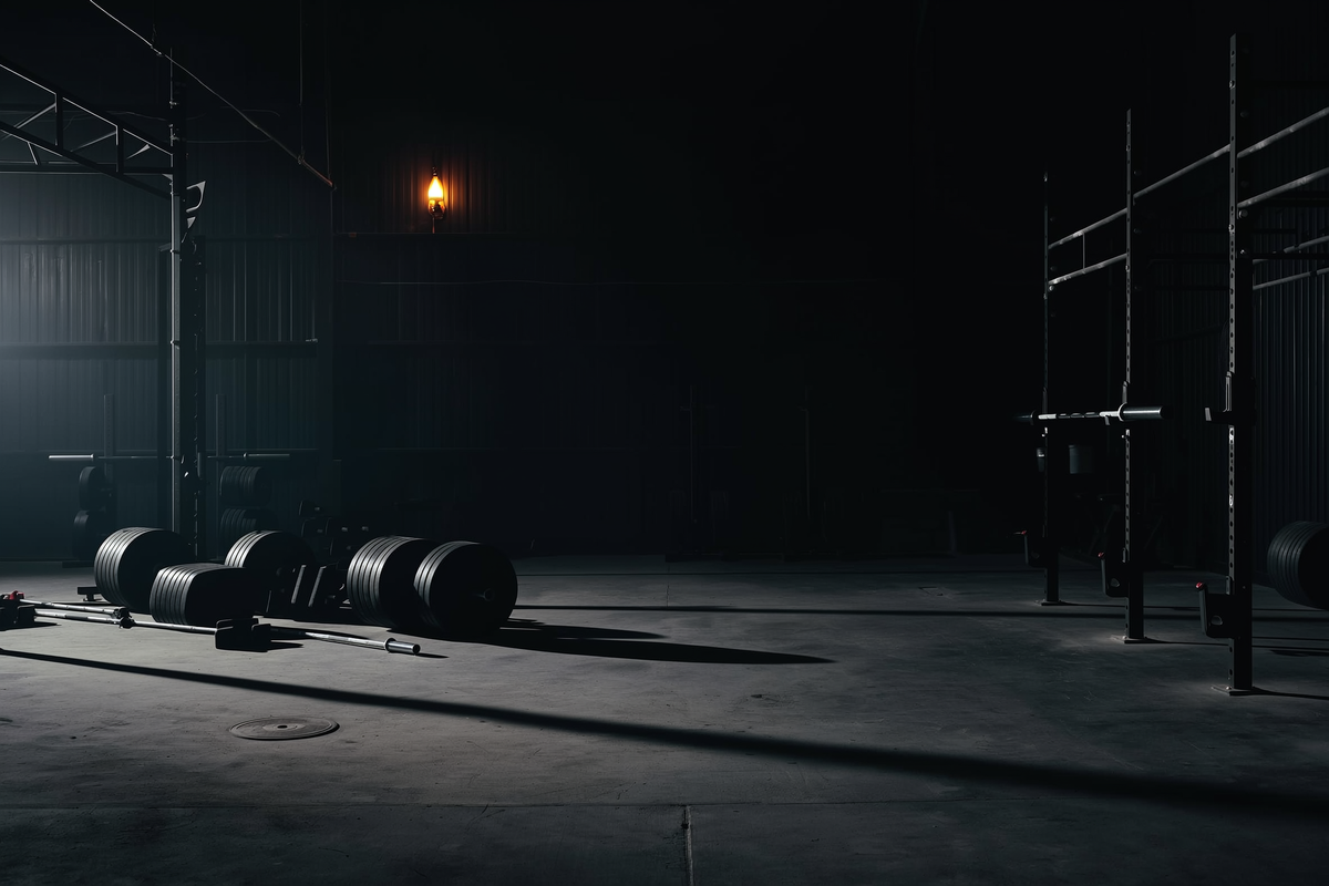 Empty industrial gym at dawn, second angle. Dark documentary register.