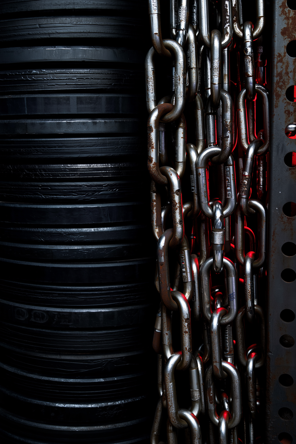 Weight plates and chains, dark textured industrial close crop.