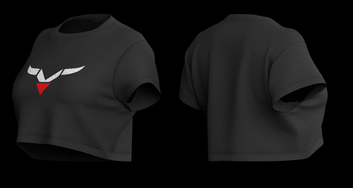 Black cropped tee with white and red horns logo.