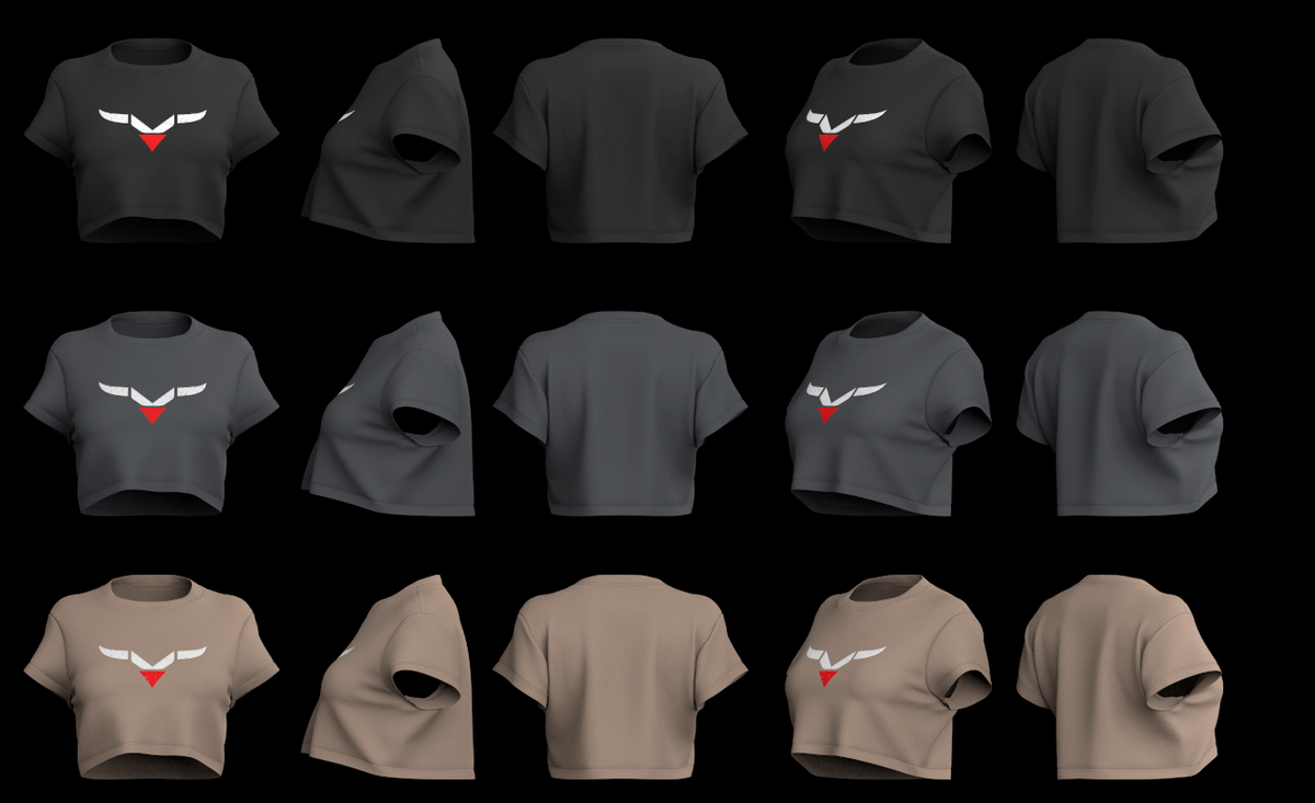 Cropped tee in black, charcoal, sand with horns logo.
