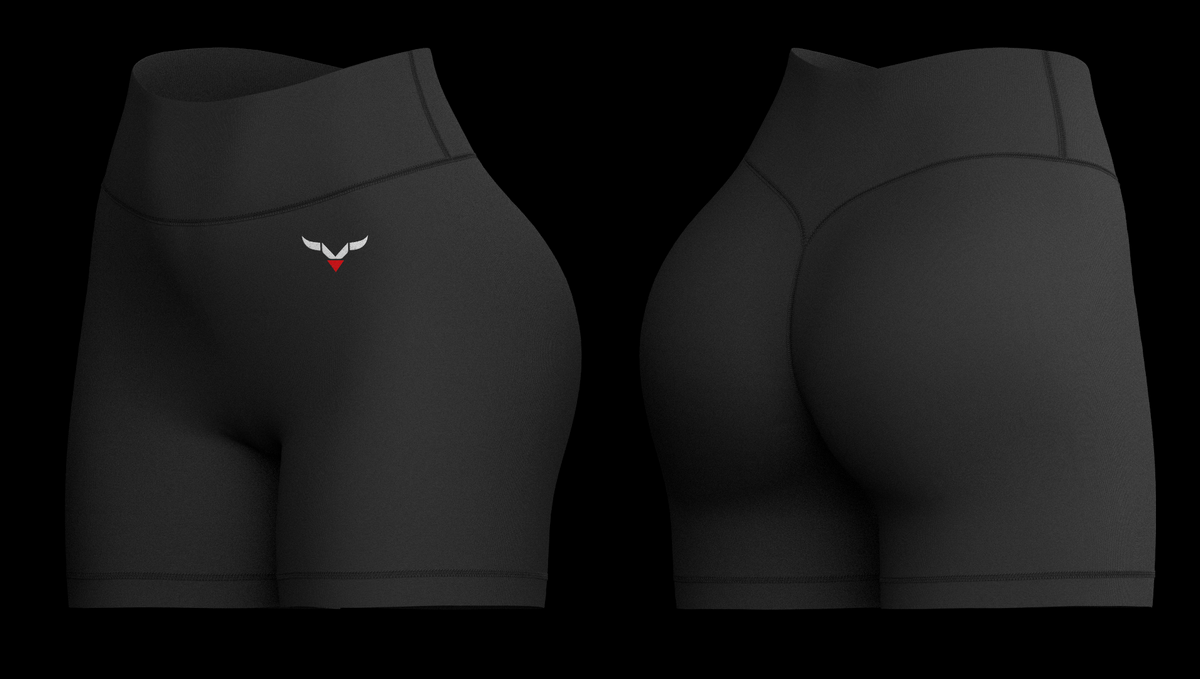 Black high-waist shorts, horns logo, front and back.