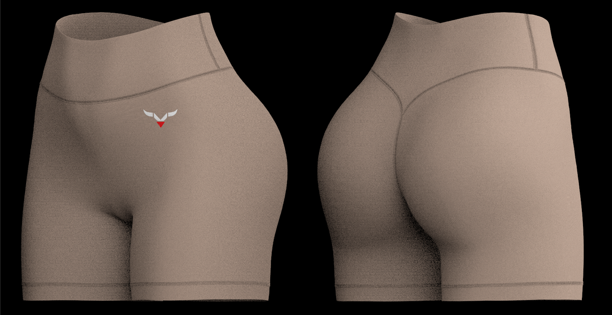 Sand high-waist shorts with horns logo, front and back.