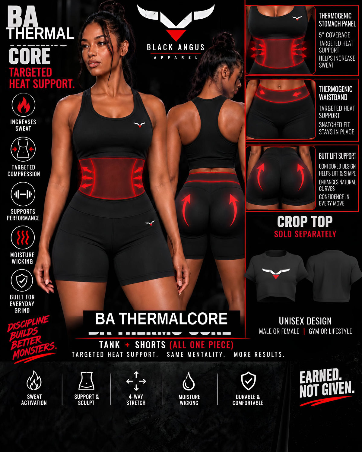 Woman modeling the BA ThermalCore set featuring black tank and shorts, with red thermogenic panel and callouts.